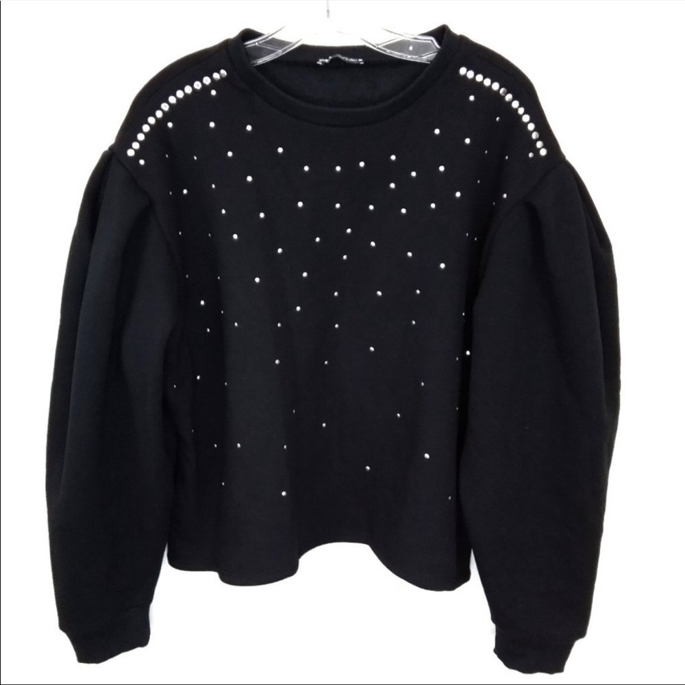 NWT Zara Black Puff Sleeves Studded Fleece Sweater crew neck Sweatshirt - Medium